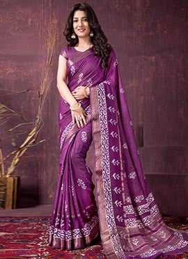 Magnificent Purple Chanderi Silk Batik Print Saree