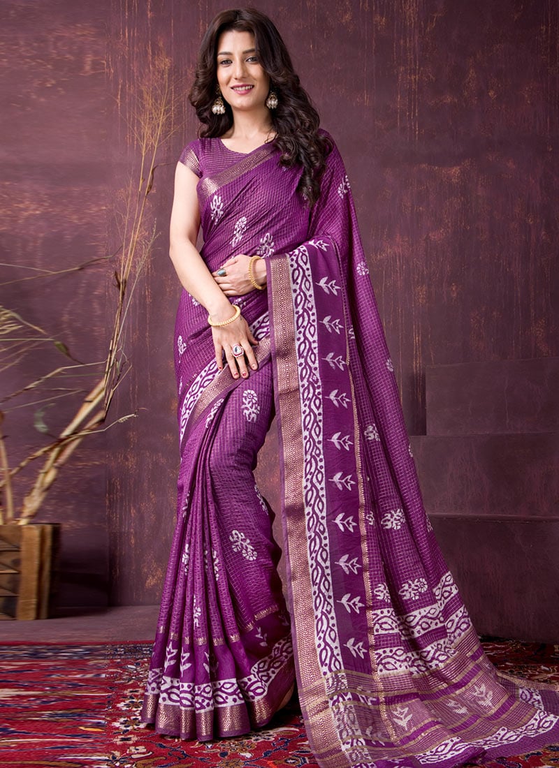 Magnificent Purple Chanderi Silk Batik Print Saree After Six Wear