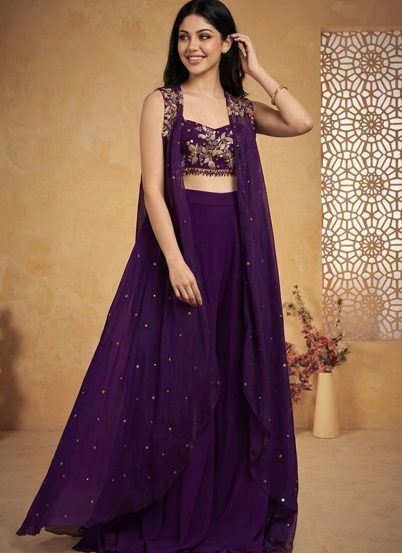 Magnificent Purple Faux Georgette Zari Stones Beads Sequins Indo Western Set Wedding Wear