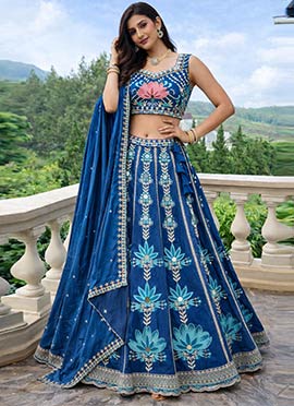 Magnificent Royal Blue Silk Sequins Embroidered Thread Umbrella Lehenga