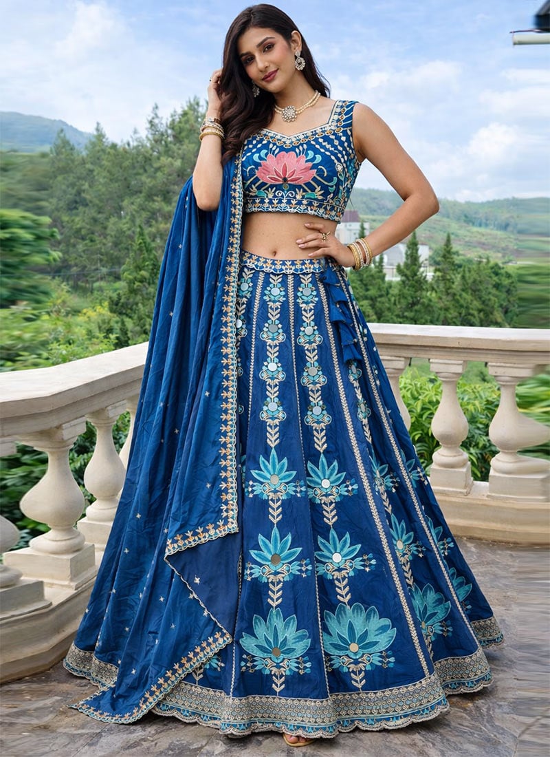 Magnificent Royal Blue Silk Sequins Embroidered Thread Umbrella Lehenga Wedding Wear