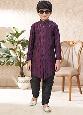 Magnificent Wine Banarasi Silk Stone Work Kids Boys Indowestern Sherwani