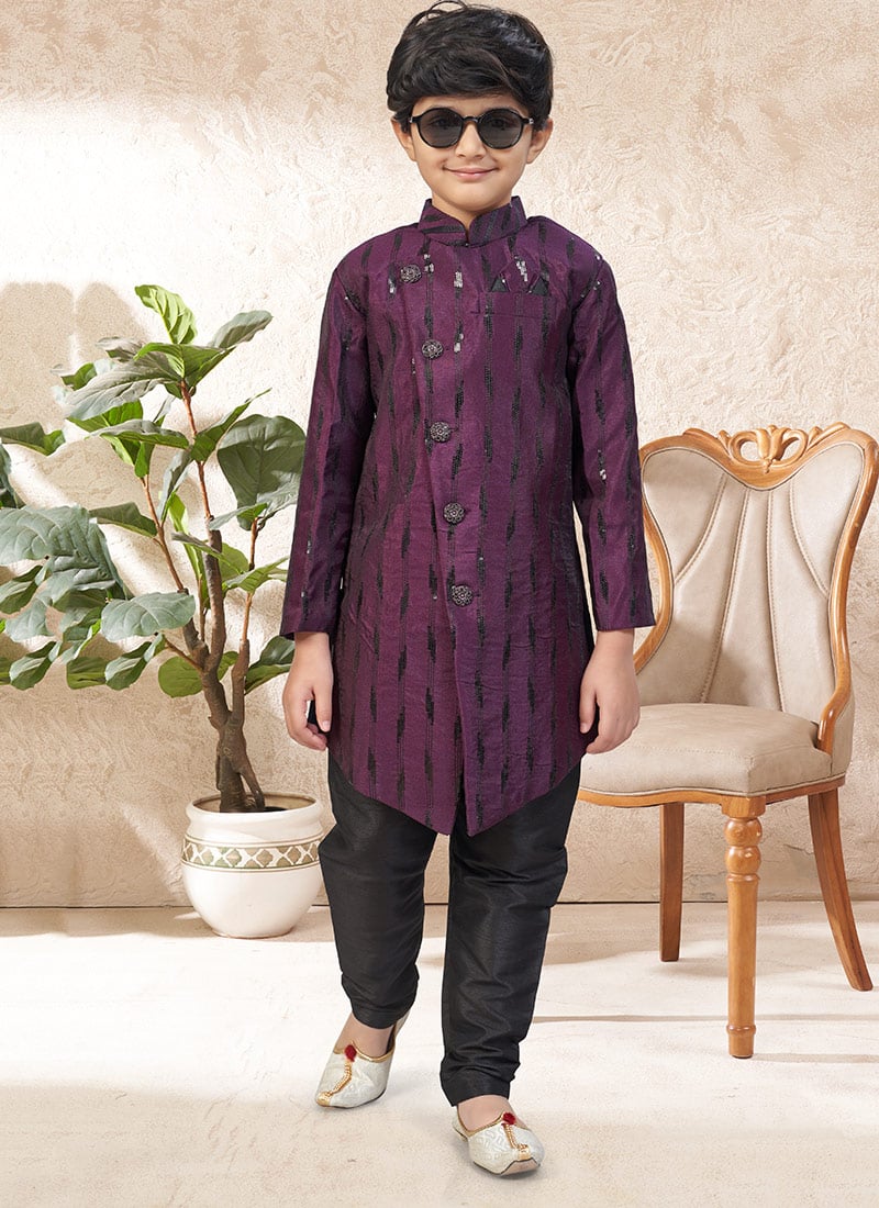 Magnificent Wine Banarasi Silk Stone Work Kids Boys Indowestern Sherwani Wedding Wear