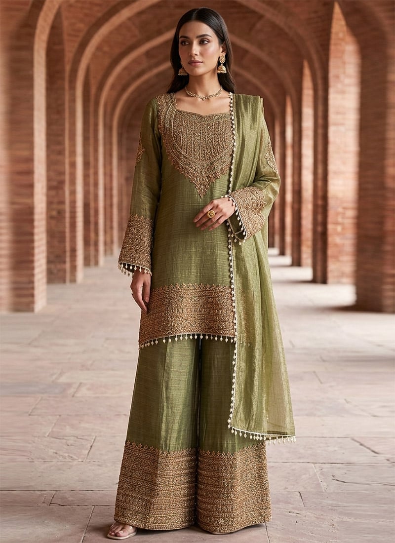 Mahendi Crunchy Silk Embroidered Palazzo Suit After Six Wear