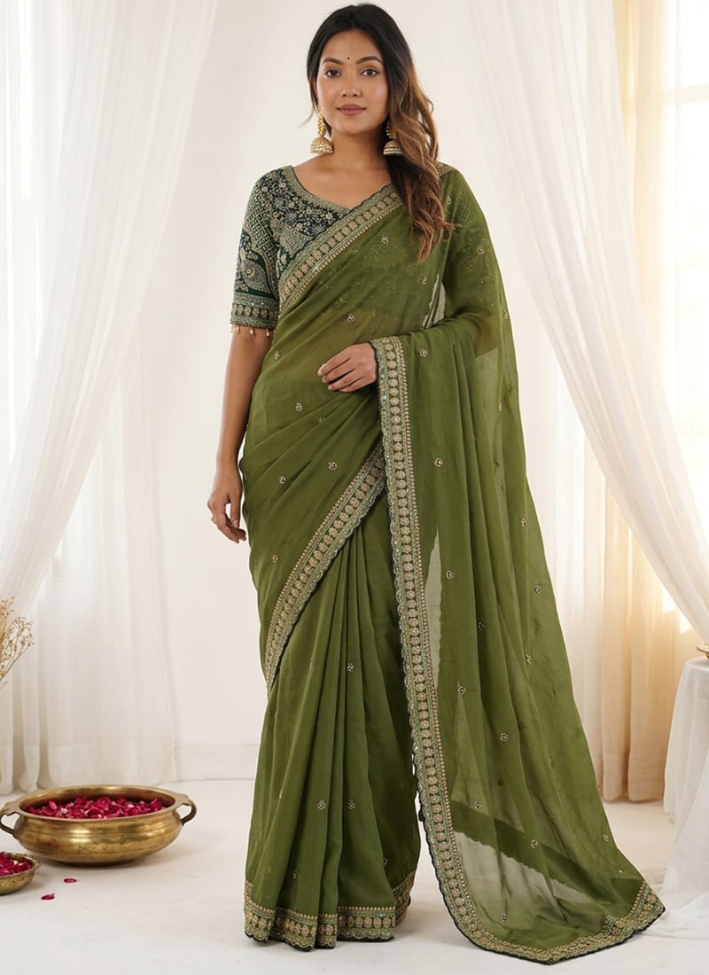 Mahendi Silk Zari Embroidered Sequins Saree Festive Wear