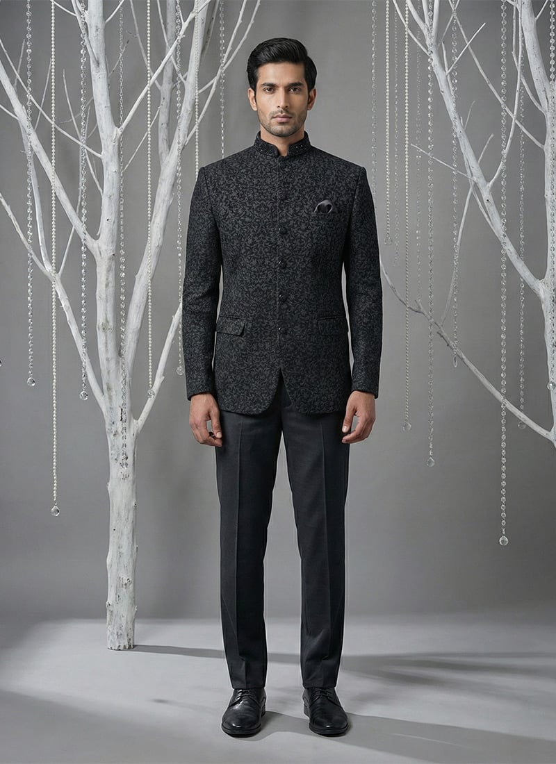 Majestic Black Silk Thread Hand Embroidered Collar Bandhgala Suit Wedding Wear