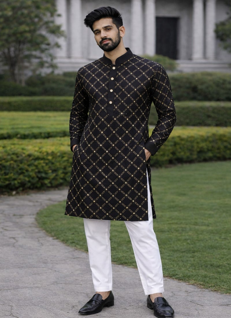 Majestic Black Soft Silk Sequins Embroidered Kurta Pyjama Festive Wear