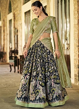 Majestic Black Tussar Silk Kalamkari Print With Lace Border Umbrella Lehenga