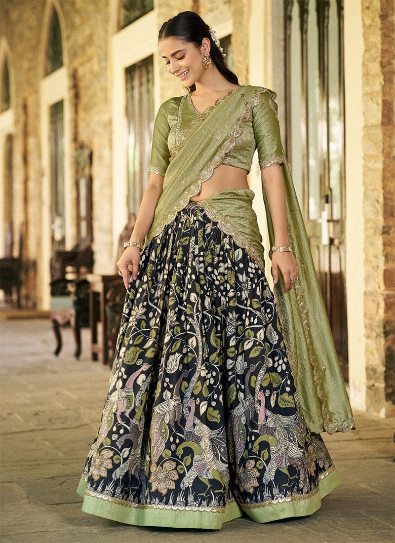 Majestic Black Tussar Silk Kalamkari Print With Lace Border Umbrella Lehenga Festive Wear