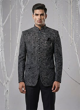 Majestic Black Velvet Embroidered Thread Bandhgala Suit