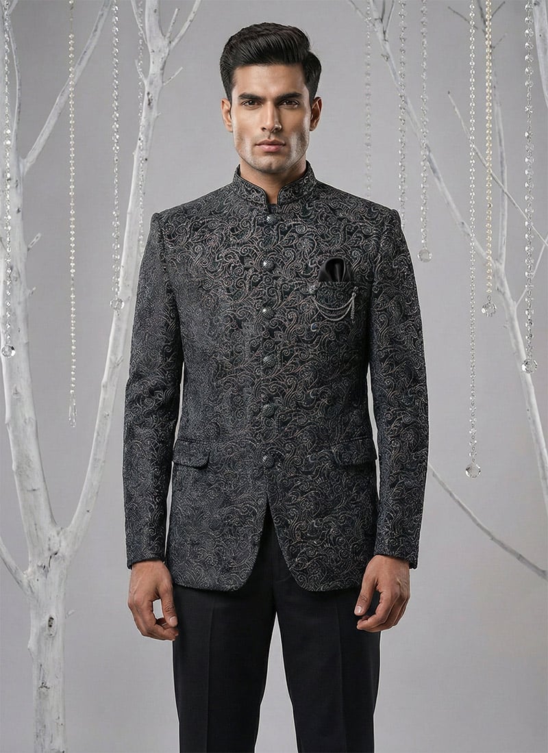 Majestic Black Velvet Embroidered Thread Bandhgala Suit Wedding Wear