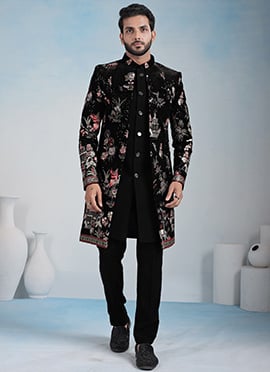Majestic Black Velvet Zari Embroidered Sequins Thread Indowestern Sherwani
