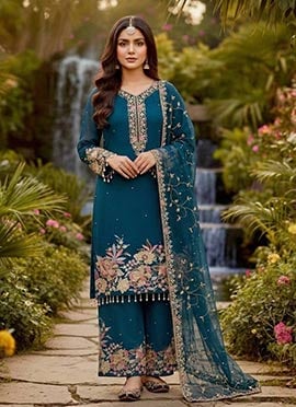 Majestic Blue Georgette Embroidered Sequins Palazzo Suit