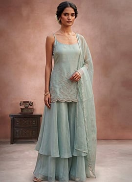 Majestic Blue Organza Zari Hand Embroidered Palazzo Suit