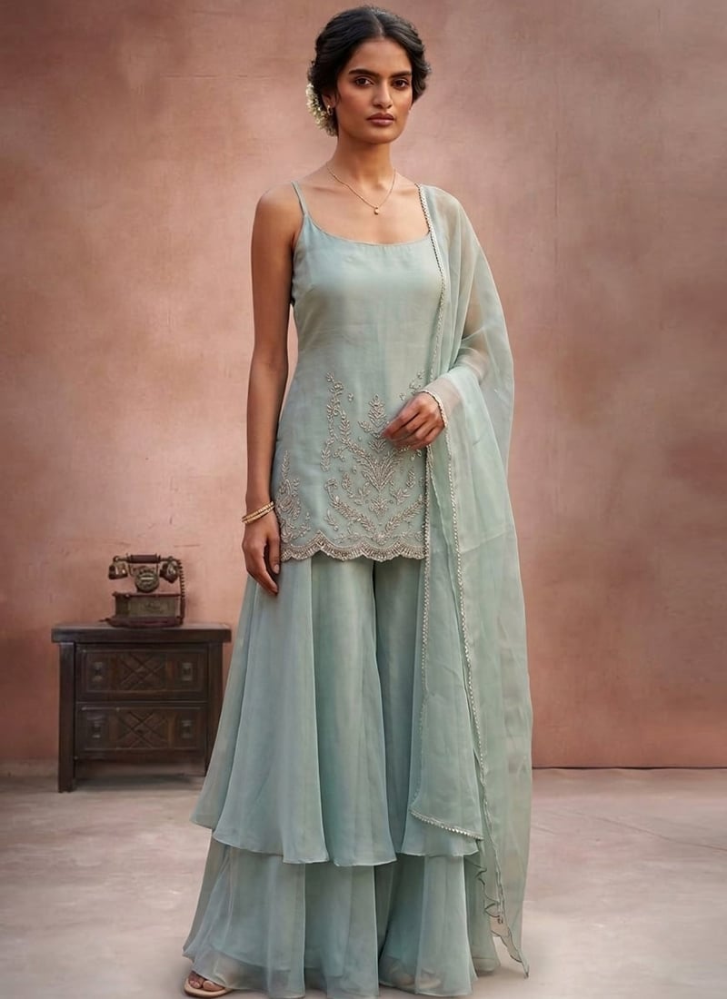 Majestic Blue Organza Zari Hand Embroidered Palazzo Suit Festive Wear