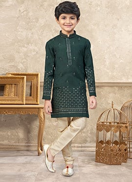 Majestic Bottle Green Soft Silk Tikki Work Kids Boys Kurta Pyjama