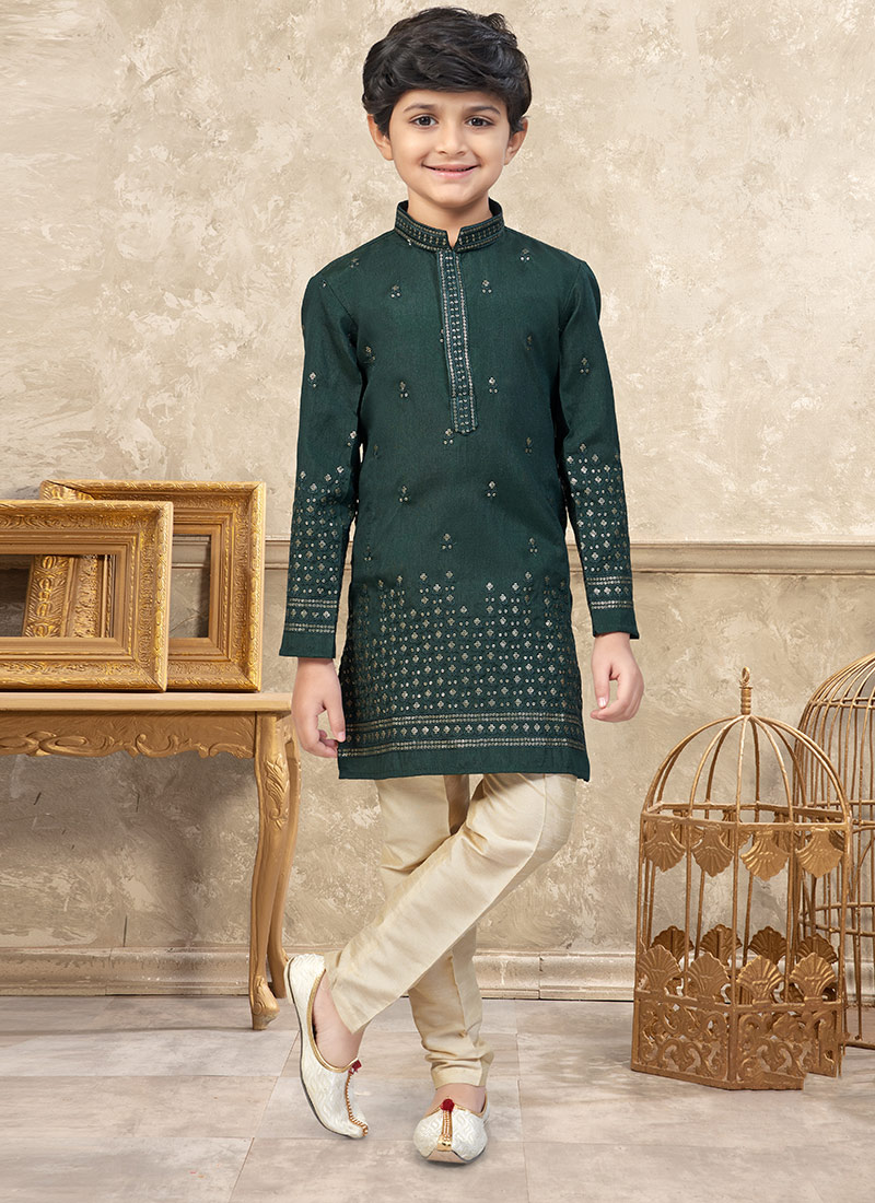Majestic Bottle Green Soft Silk Tikki Work Kids Boys Kurta Pyjama Festive Wear