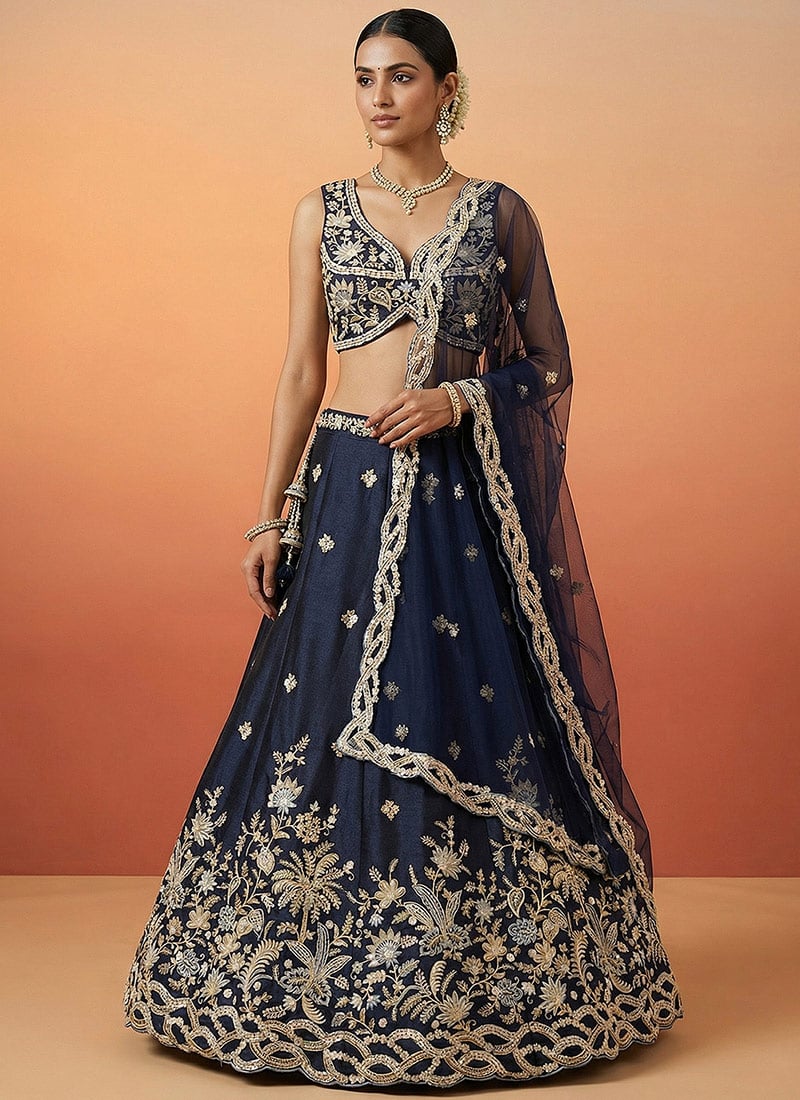 Majestic Dark Blue Tissue Embroidered Umbrella Lehenga Wedding Wear