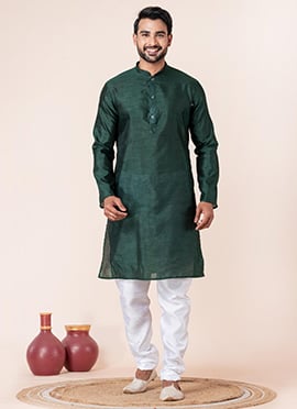 Majestic Dark Green Dupion Silk Plain Kurta Pyjama