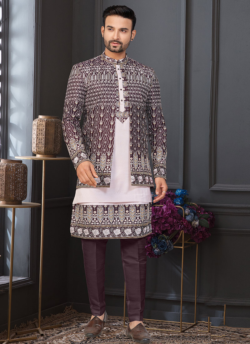 Majestic Dark Maroon And Light Pink Zari Jackard Banarasi Silk Stones Zari Indowestern Sherwani Wedding Wear
