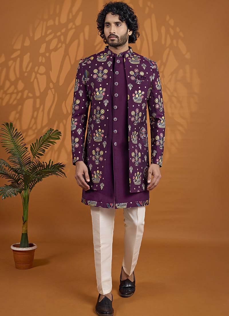 Majestic Dark Purple Art Silk Indowestern Sherwani Wedding Wear