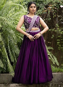 Majestic Deep Purple Fendy Satin Embroidered Umbrella Lehenga