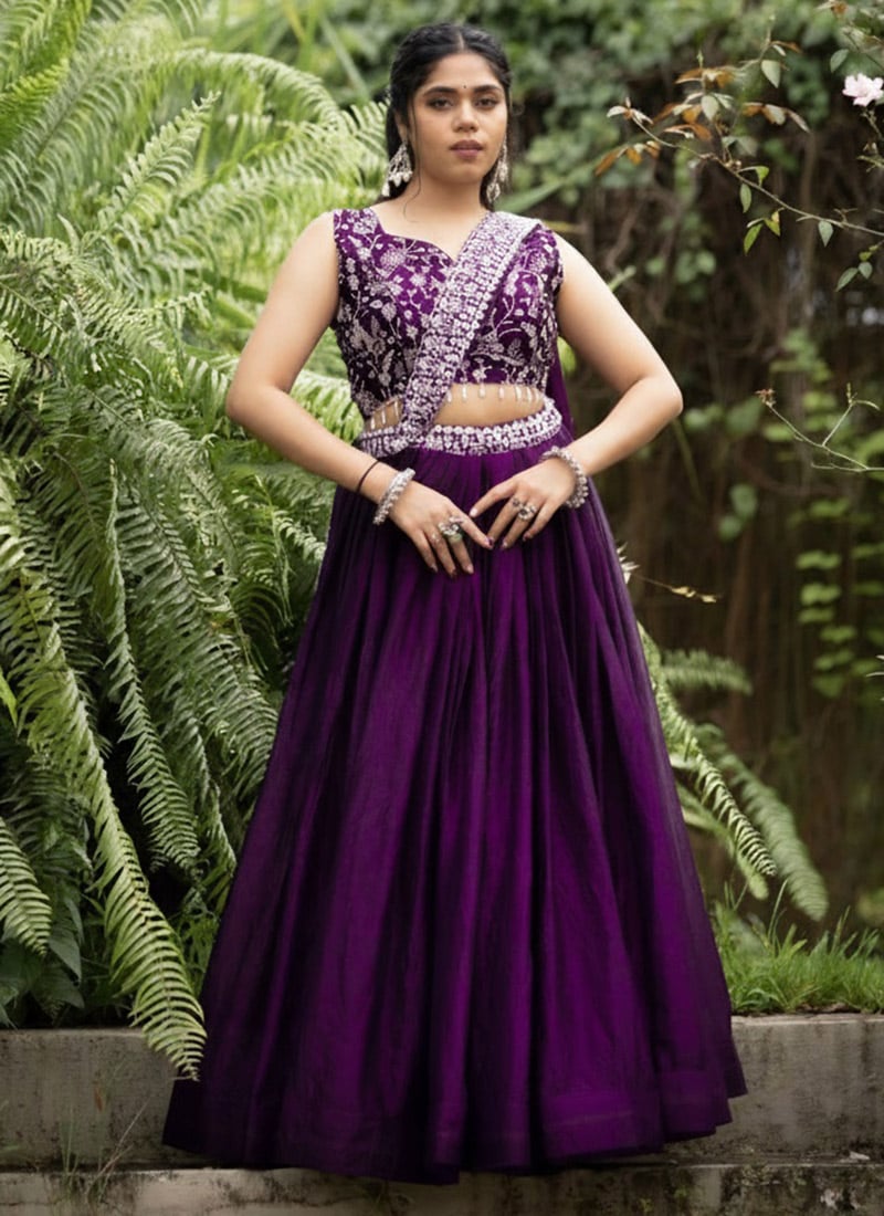 Majestic Deep Purple Fendy Satin Embroidered Umbrella Lehenga Festive Wear