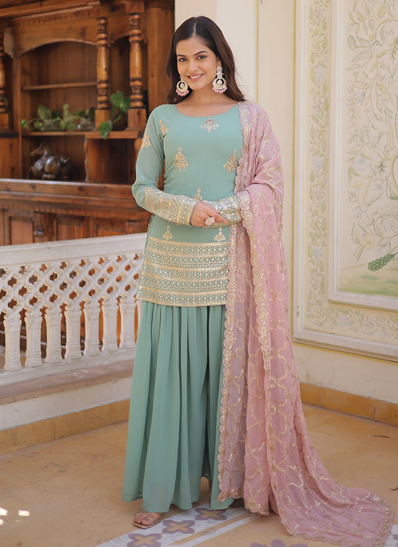Majestic Faux Georgette Embroidered Palazzo Suit Party Wear