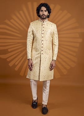 Majestic Gold Banarasi Jacquard Embroidered Classic Sherwani