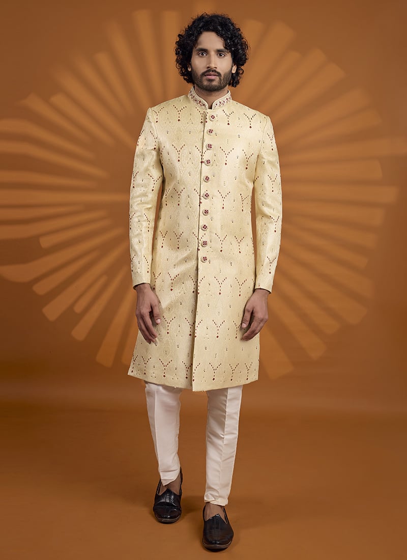 Majestic Gold Banarasi Jacquard Embroidered Classic Sherwani Wedding Wear