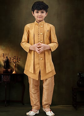 Majestic Gold Banarasi Silk Jacquard Kids Boys Indowestern Sherwani