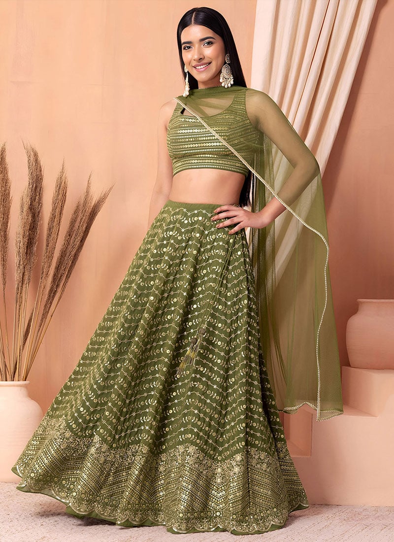 Majestic Green Georgette Thread Sequins and Multiple Sequins Embroidered Umbrella Lehenga After Six Wear