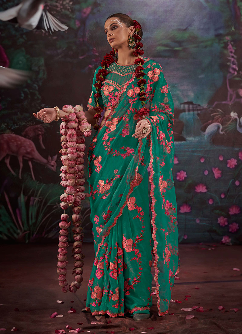 Majestic Green Gold Shimmer Silk Zari Embroidered Thread Saree Festive Wear