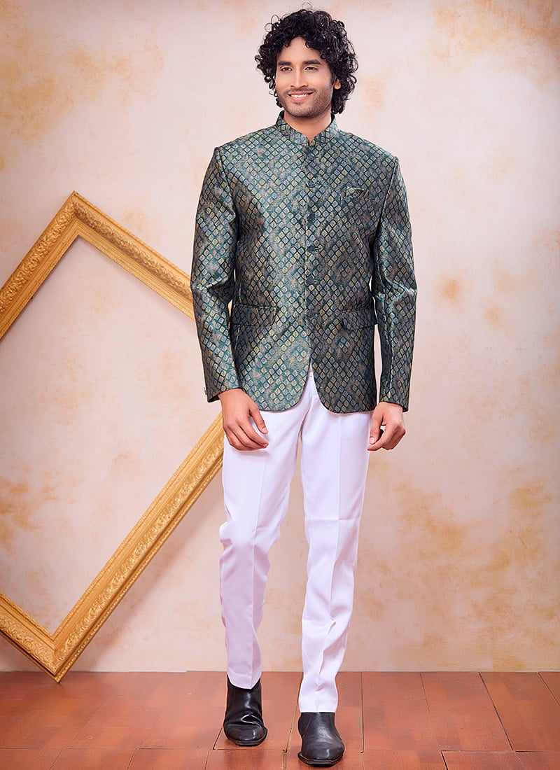 Majestic Green Jacquard Silk Bandhgala Jacket