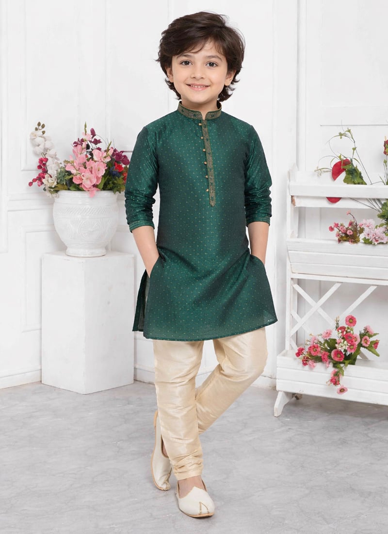 Majestic Green Jacquard Silk Brocade Kids Boys Kurta Pyjama Festive Wear