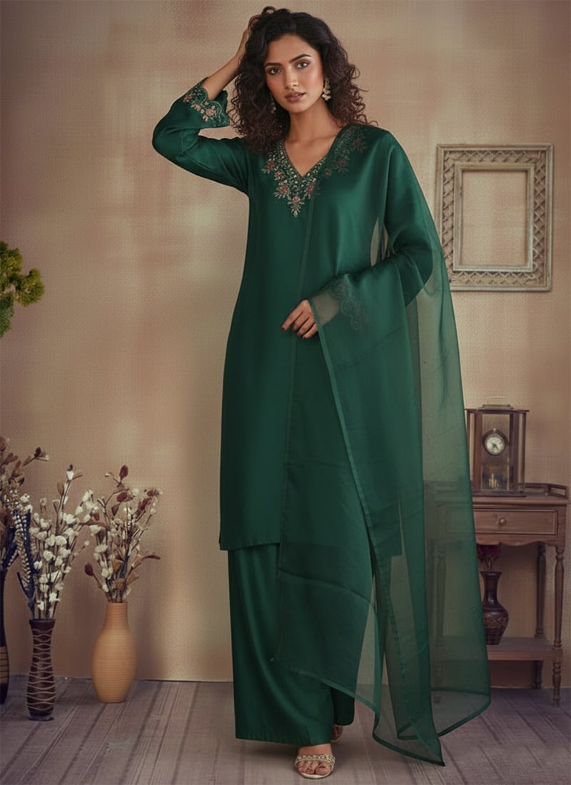 Majestic Green Silk Resham Embroidered Salwar Suit Festive Wear