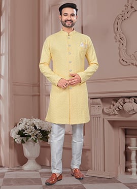 Majestic Light Yellow Rayon Embroidered Sequins Indowestern Sherwani
