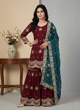 Majestic Maroon Chinon Embroidered Sequins Sharara Suit