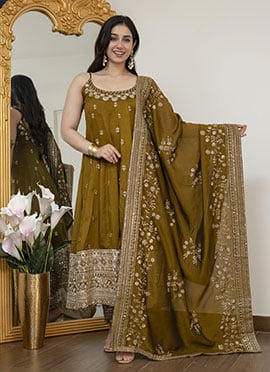 Majestic Mehandi Silk Embroidered Sequins Anarkali Suit