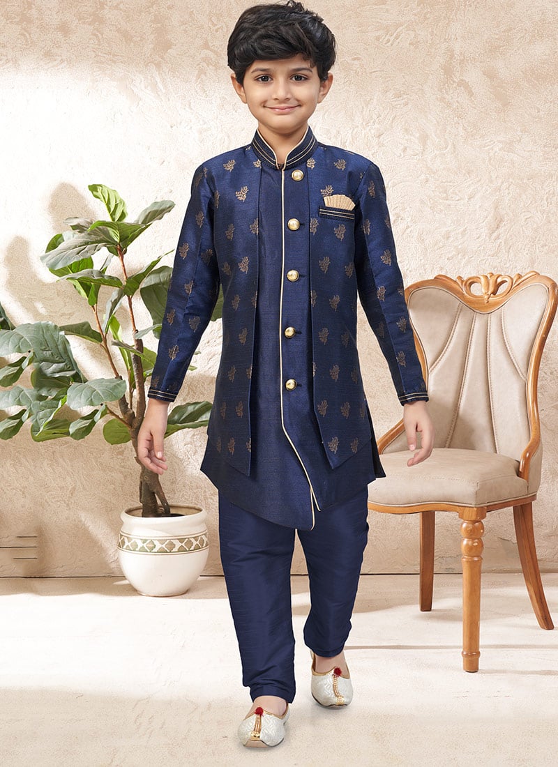 Majestic Navy Blue Banarasi Jacquard Zari Stone Work Kids Boys Indowestern Sherwani Wedding Wear