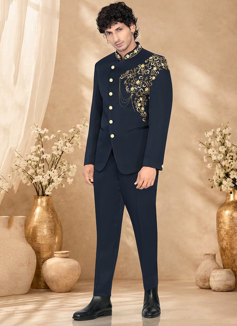 Majestic Navy Blue Rayon Hand Embroidered Bandhgala Suit Wedding Wear