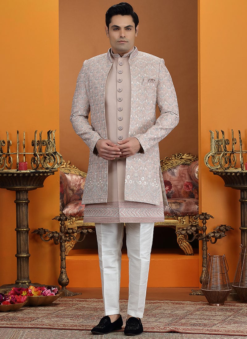 Majestic Onion Pink Silk Sequins Embroidered Thread Indowestern Sherwani Wedding Wear