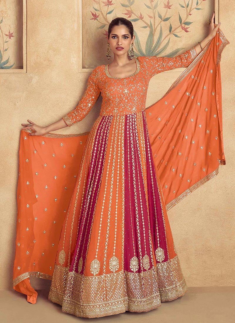 Majestic Orange Zari And Gota Embroidered Sequins Anarkali Festive Wear