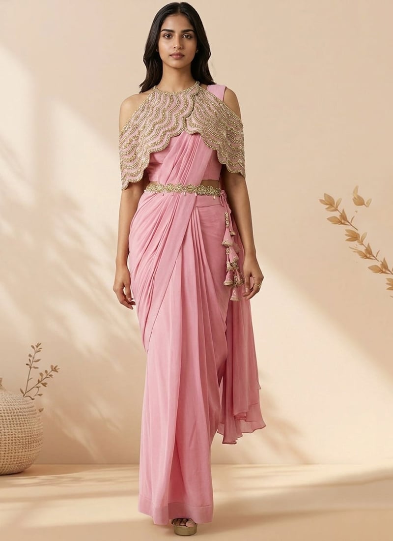 Majestic Pink Faux Georgette Sequins Stones Hand Embroidered Saree Wedding Wear