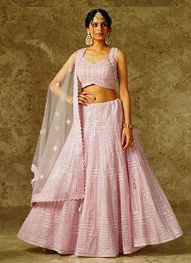 Majestic Pink Net Thread Embroidered Sequins Umbrella Lehenga Wedding Wear