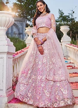 Majestic Pink Net Zarkan Lehenga With Stone Sequin Embroidery And Cut Work