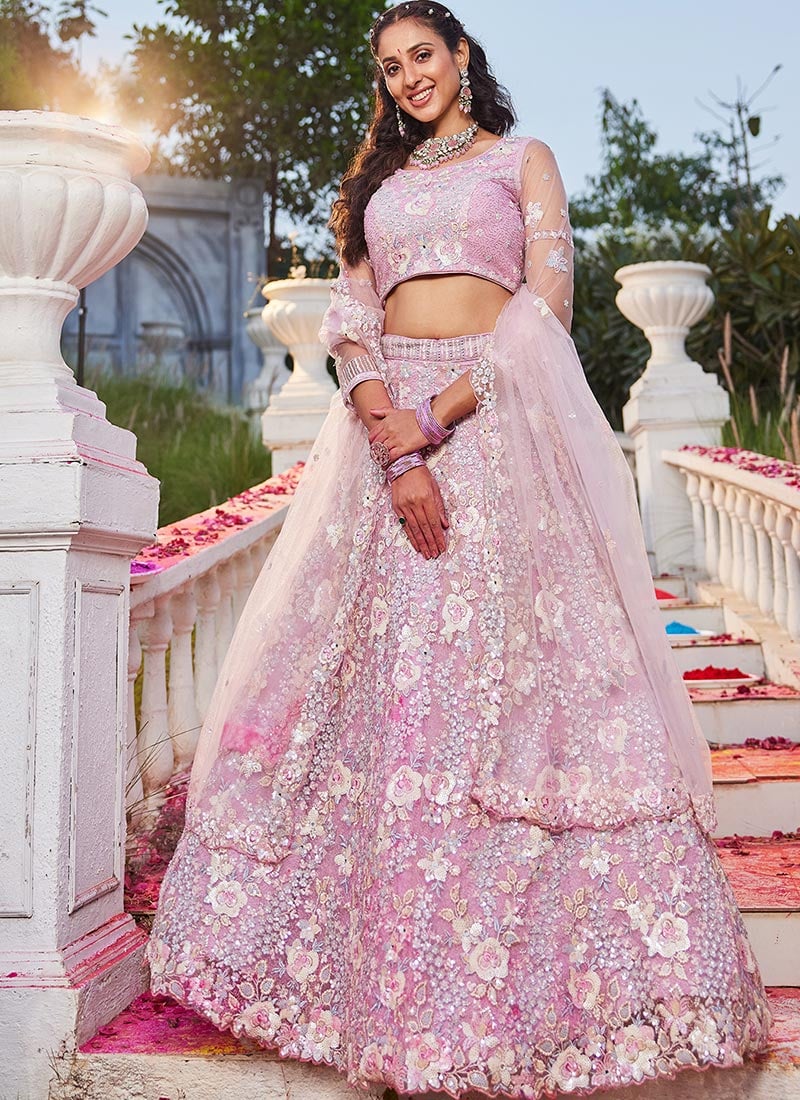 Majestic Pink Net Zarkan Lehenga With Stone Sequin Embroidery And Cut Work Wedding Wear-GHSPC6146PI