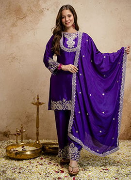 Majestic Purple Chinon Embroidered Palazzo Suit