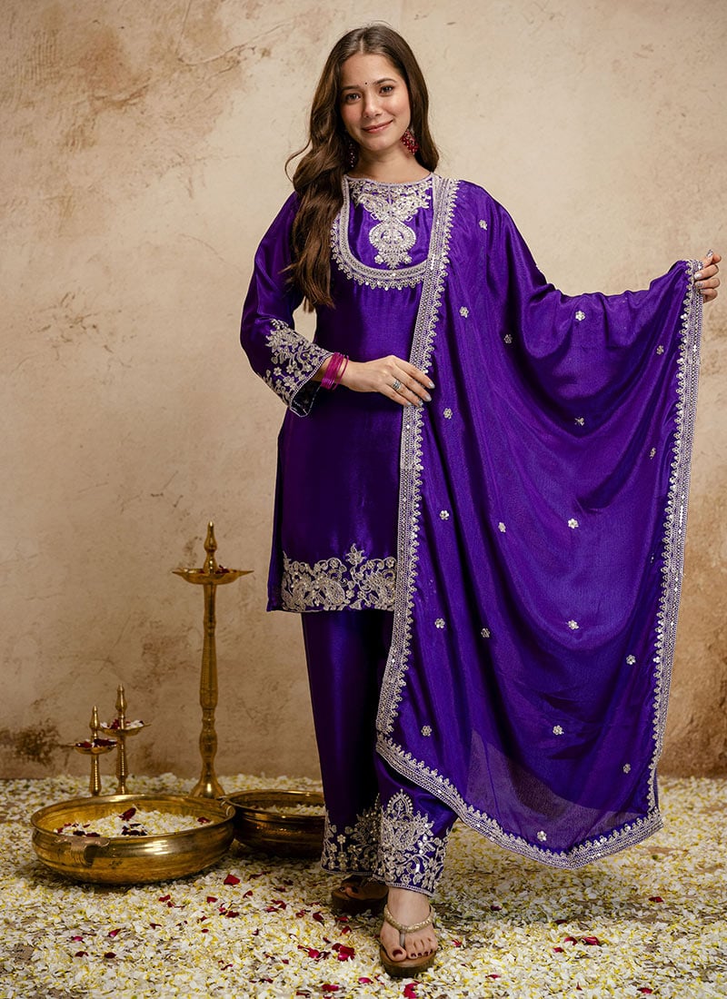 Majestic Purple Chinon Embroidered Palazzo Suit After Six Wear