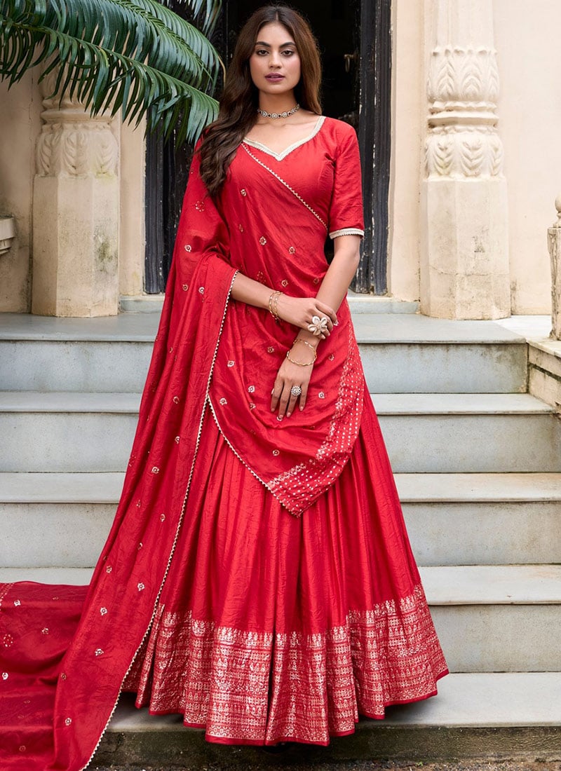 Majestic Red Chanderi Silk Zari Umbrella Lehenga Festive Wear